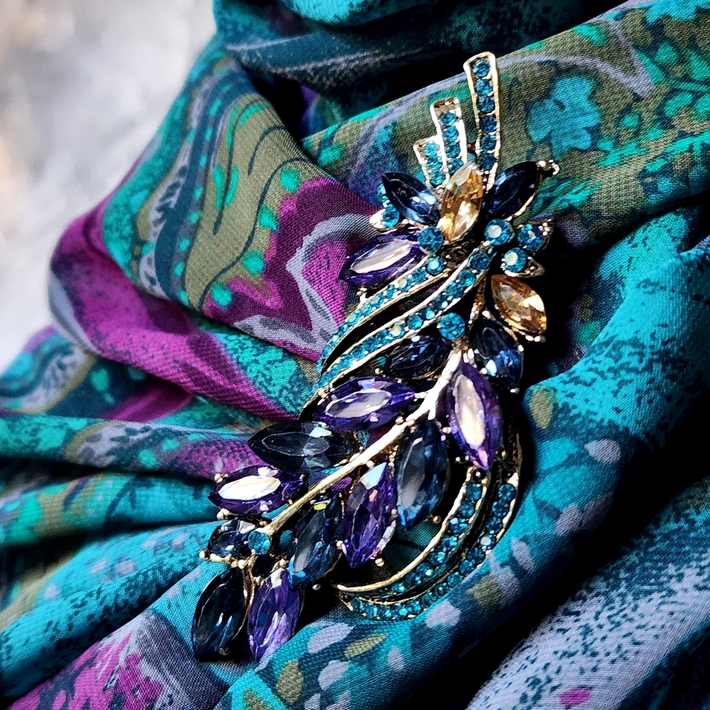 Designer Blue Purple Violet Scarf Silk/Viscose Bow Jabot Paisley Big Brooch - Picture 5 of 17